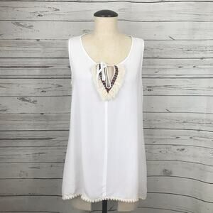 Melissa Paige Embroidered Tie Sleeveless Scoop Tank Top White Size M